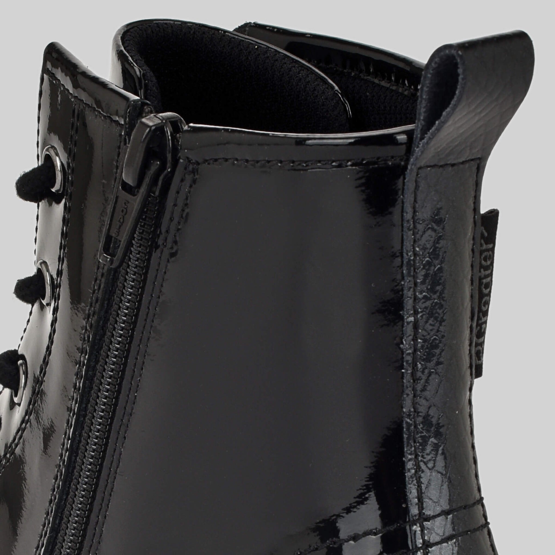 Patent Black Girls Laced Boot Back Close Up