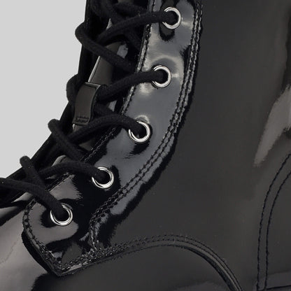 Patent Black Girls Laced Boot Laces Close Up